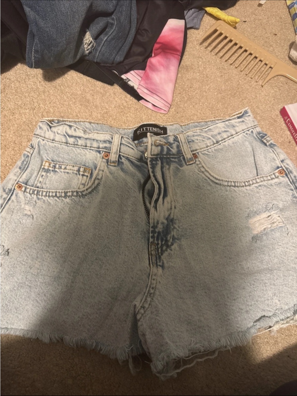 Kittenish Light Blue Distressed High-Rise Denim Shorts